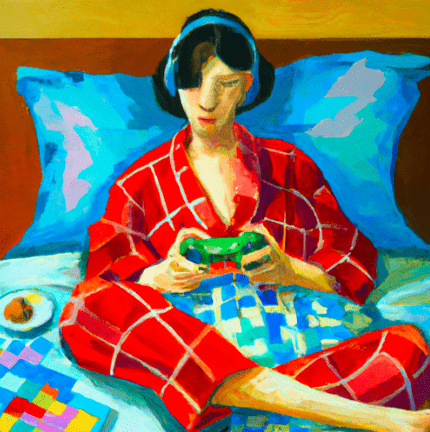 Woman Playing Playstation in Bed